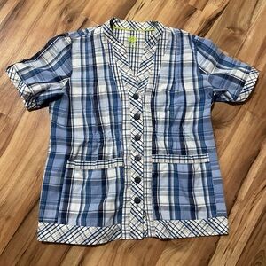 Healing Hands Blue and White Plaid Full Button Down Smock Scrub Top Sz L